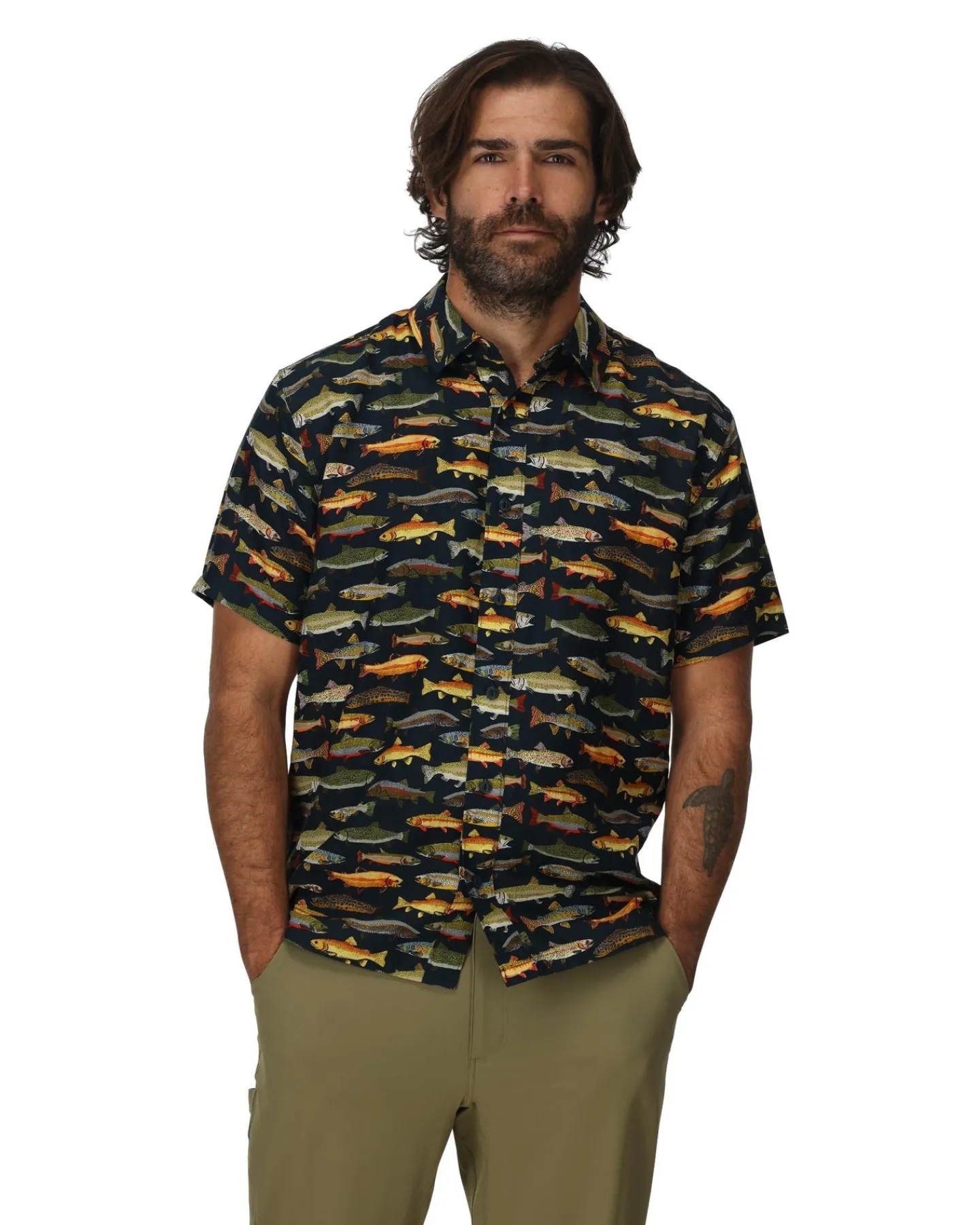 Discount Simms Fishing Men's Tailout SS Shirt - Natural Trout Parade